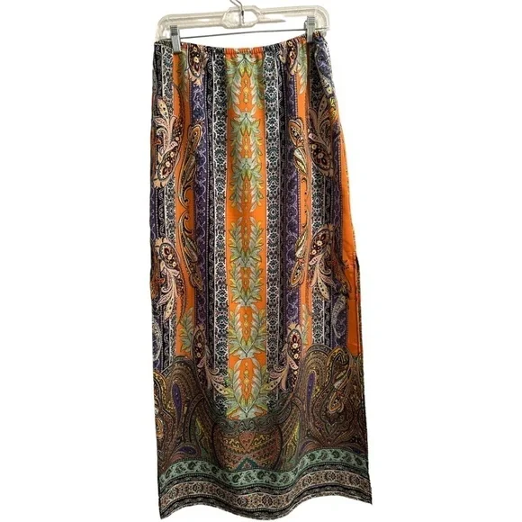 Tyche Maxi Skirt. Floral Paisley Stripes Slits on Sides, Orange, Purple. Large. - Picture 16 of 16